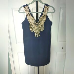 Lilly Pulitzer Elegant Navy Blue Dress with Gold Lace Detail Size Small NWOT
